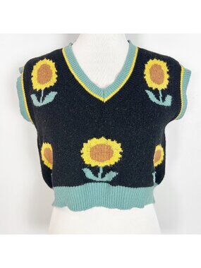 Women's Sunflower Sweater Vest Retro Boxy Cropped Size Medium